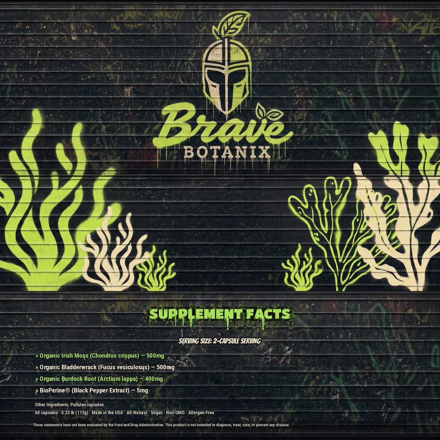Brave Botanix Aqua Armor Sea Moss Capsules Supplement Facts spray paint mural