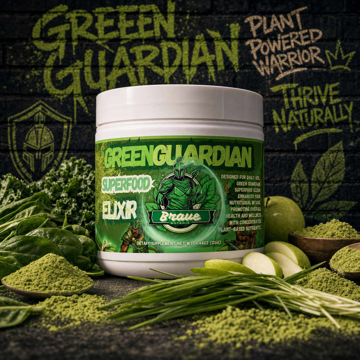 Brave Botanix Green Guardian Superfood Elixir — Greens & Ashwagandha, 4.44 oz (126 g) — graffiti hero tub with spinach, kale, and green apple