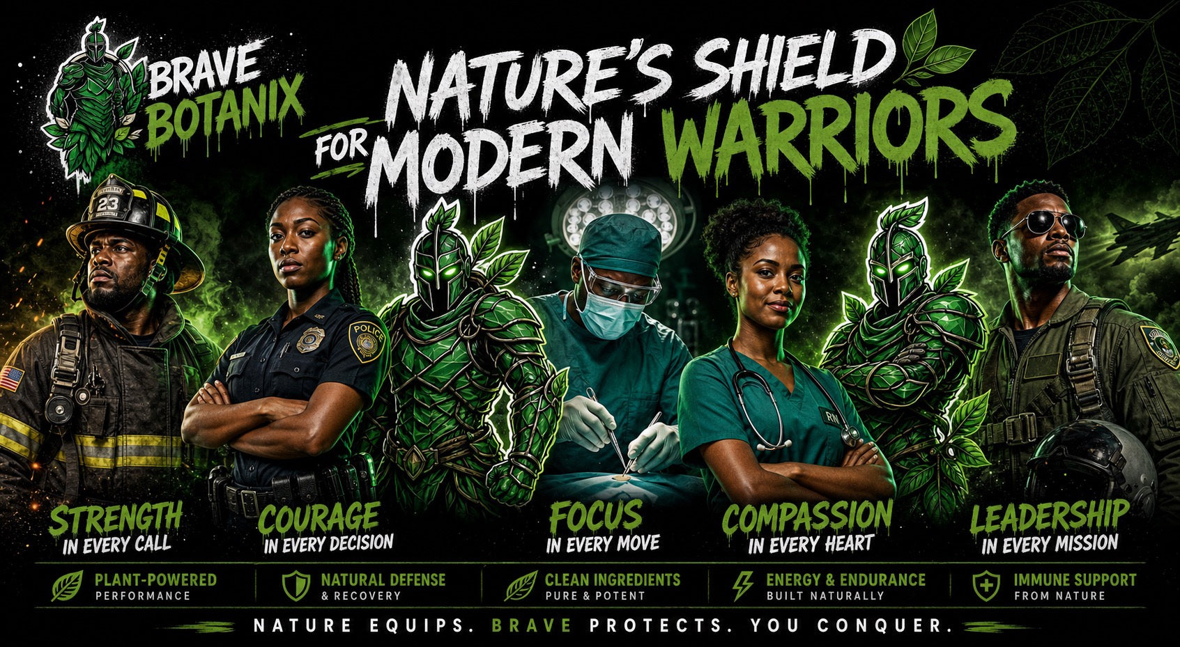 Brave Botanix - Nature's Shield for Modern Warriors banner featuring first responders and plant warriors