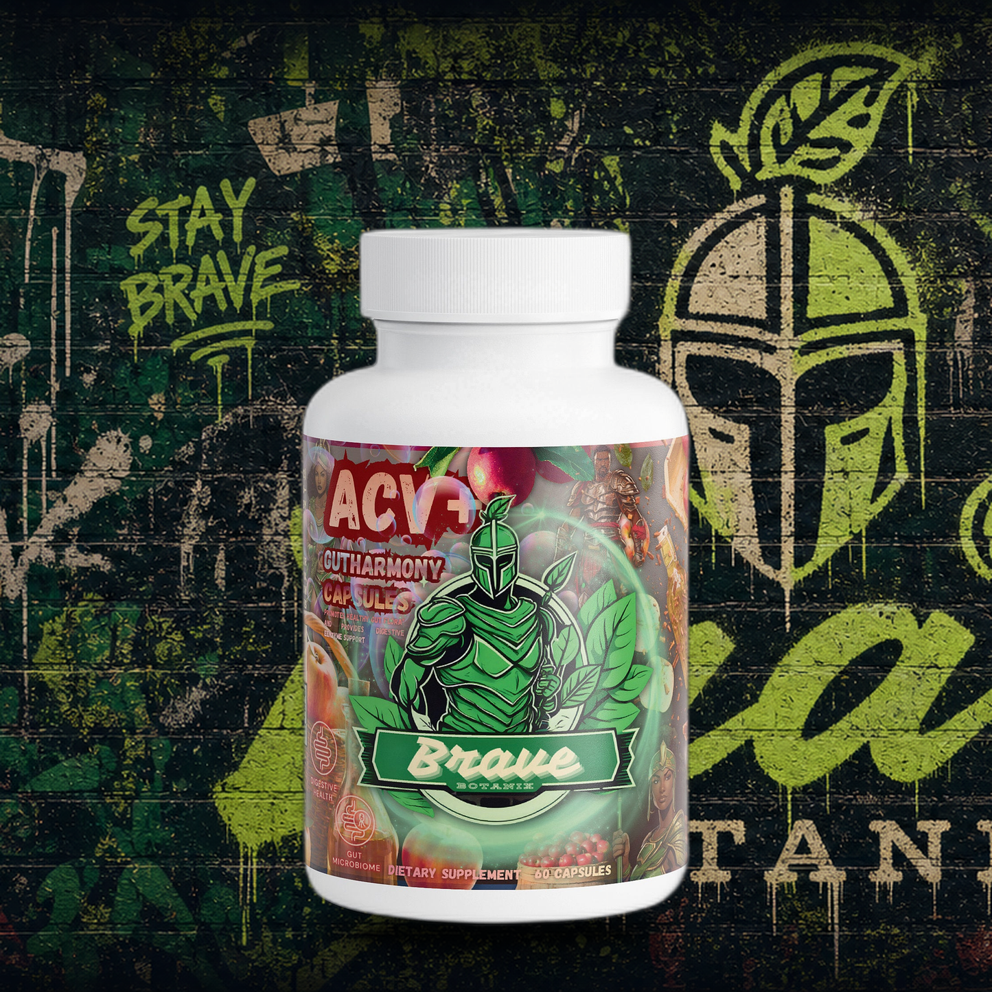 Brave Botanix ACV+ Gut Harmony on graffiti mural background