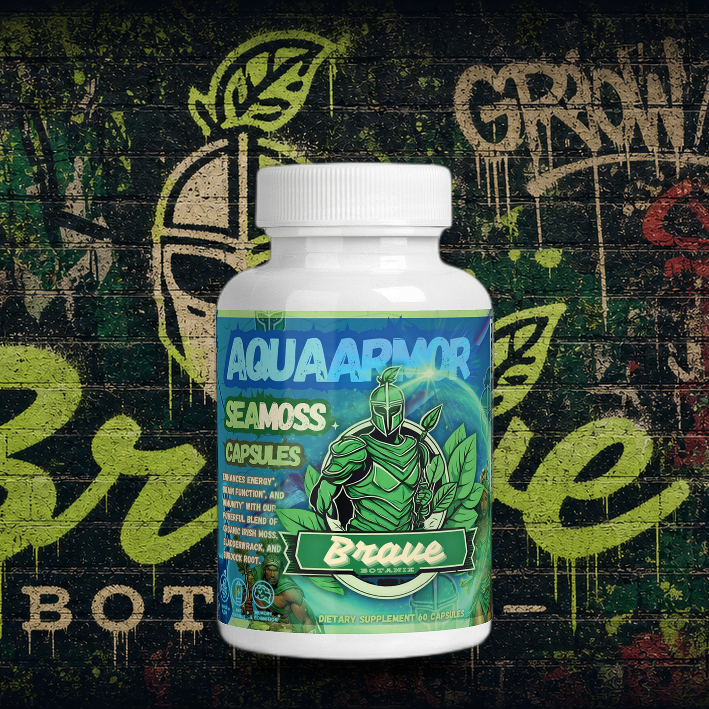 Brave Botanix Aqua Armor Sea Moss Capsules on graffiti mural background