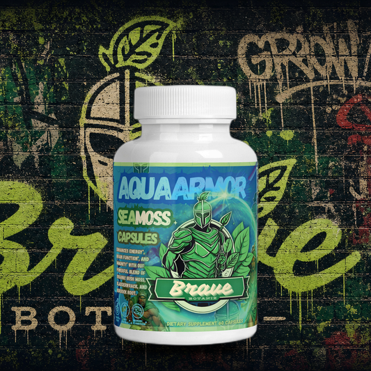 Brave Botanix Aqua Armor Sea Moss Capsules on graffiti mural background