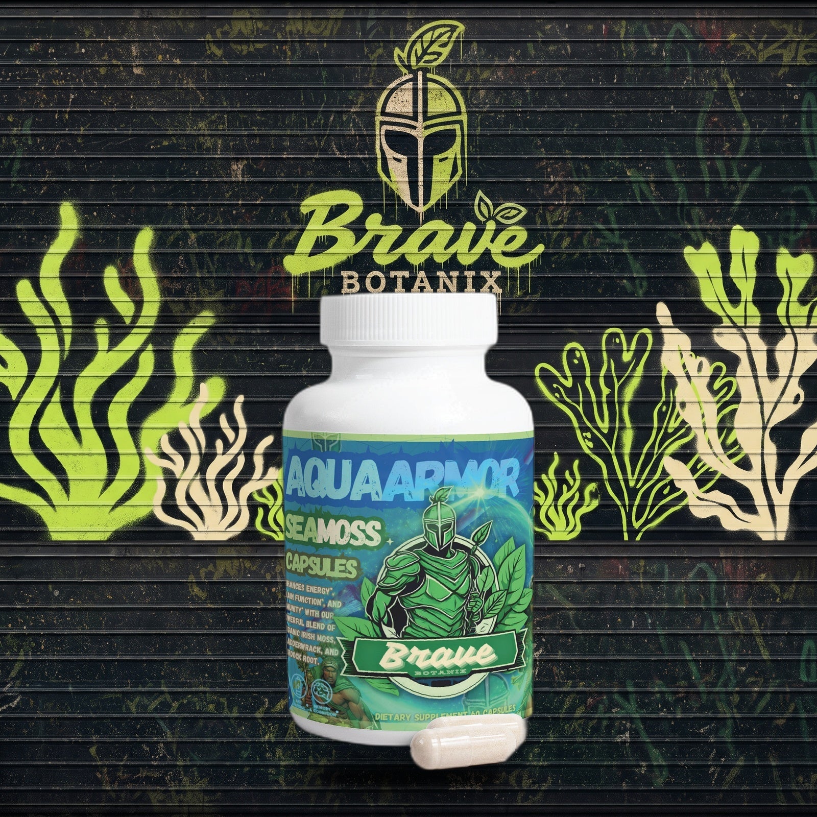 Aqua Armor Sea Moss Capsules graffiti mural mockup