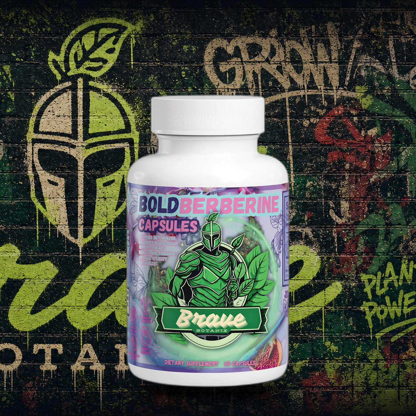 Brave Botanix Bold Berberine Capsules on graffiti mural background