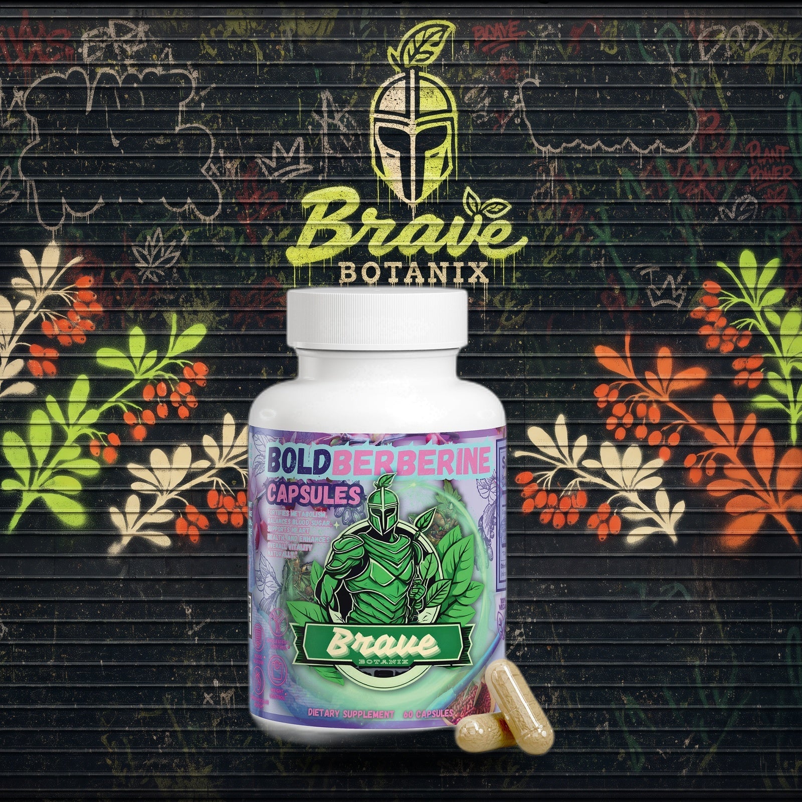Bold Berberine Capsules graffiti mural mockup