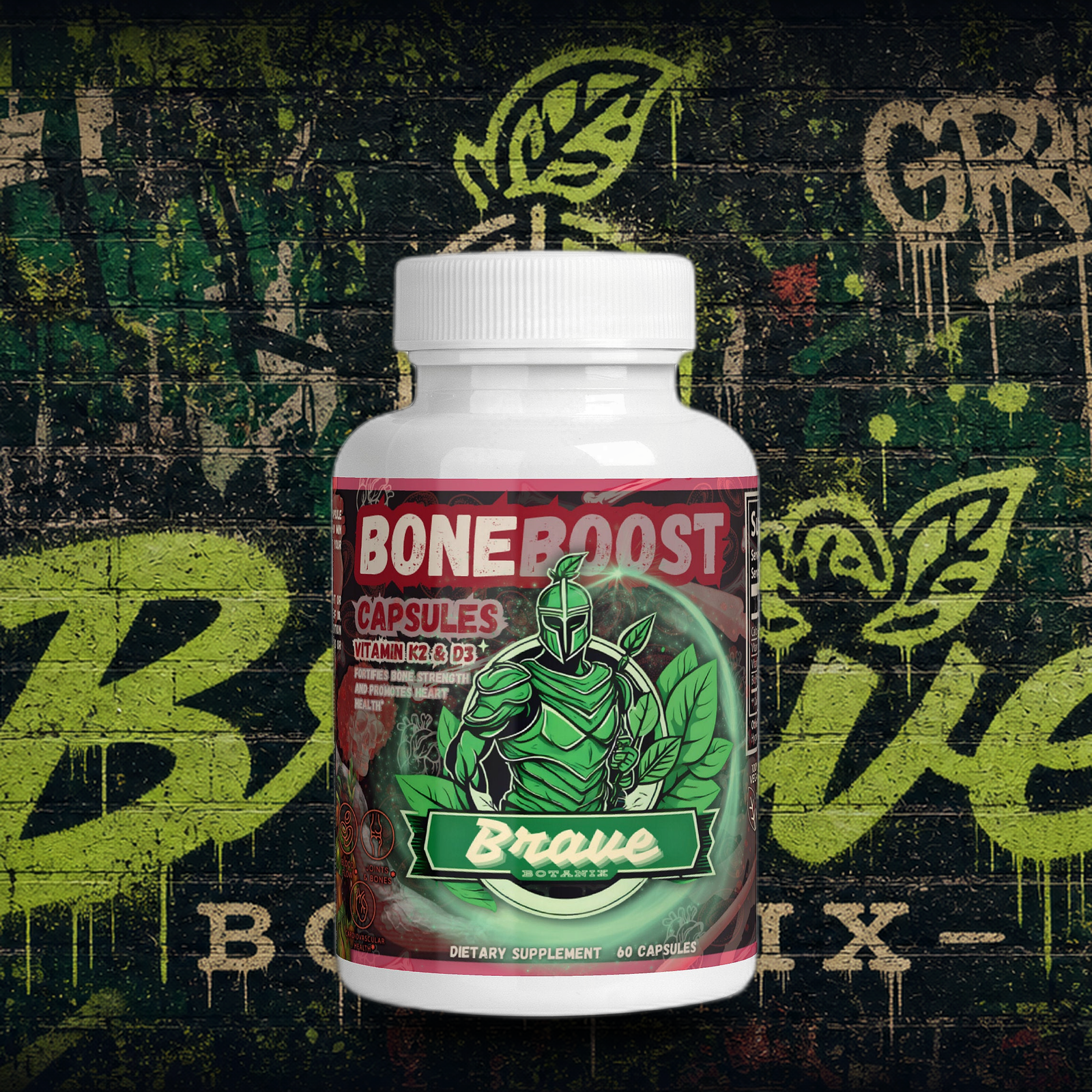 Brave Botanix Bone Boost Capsules on graffiti mural background