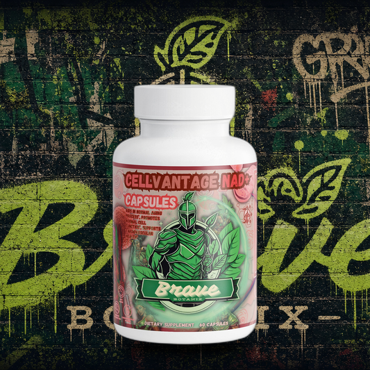Brave Botanix CellVantage NAD+ Capsules on graffiti mural background