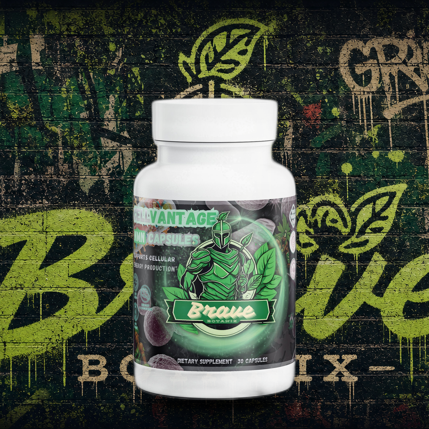Brave Botanix CellVantage NMN Capsules on graffiti mural background