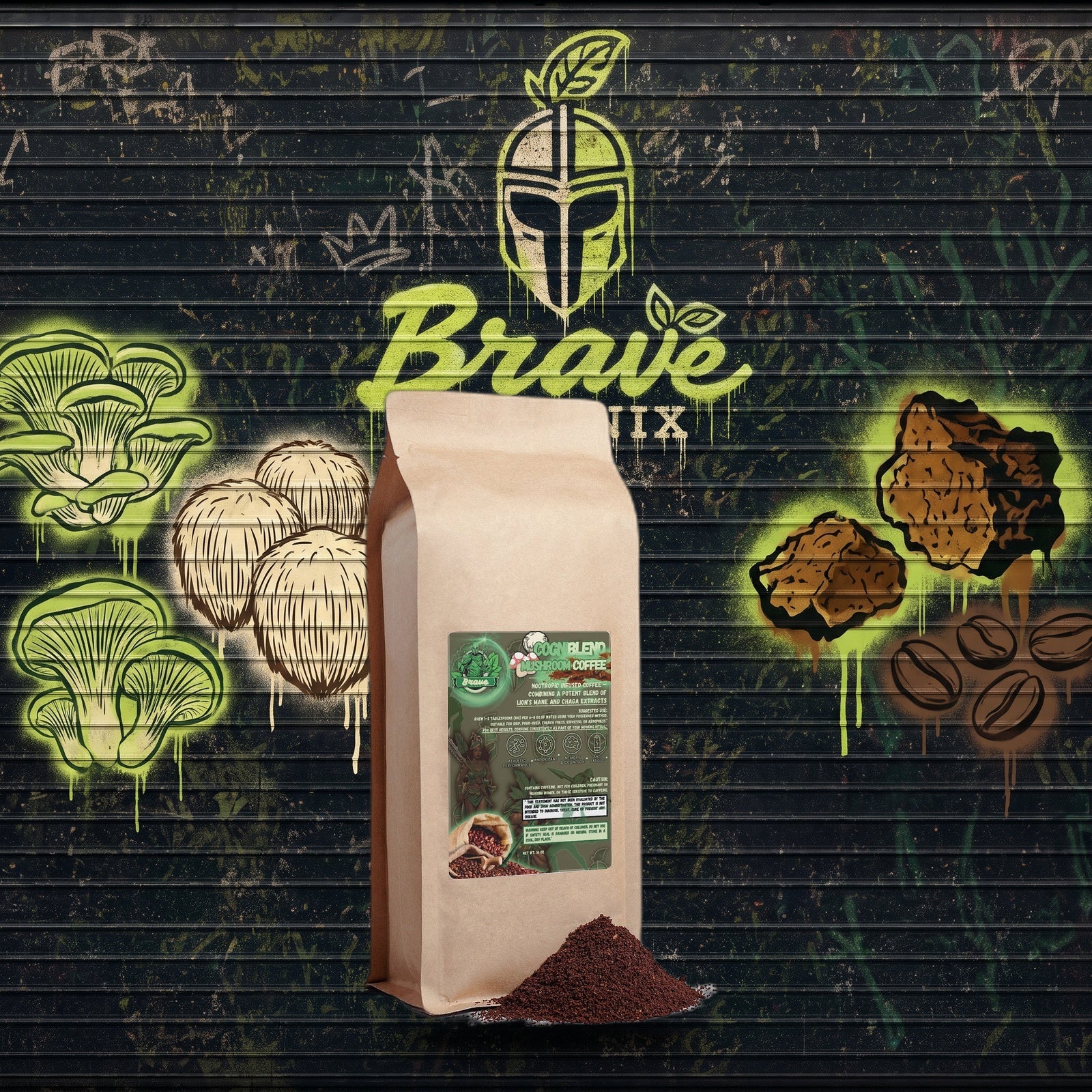 CogniBlend Mushroom Coffee graffiti mural mockup