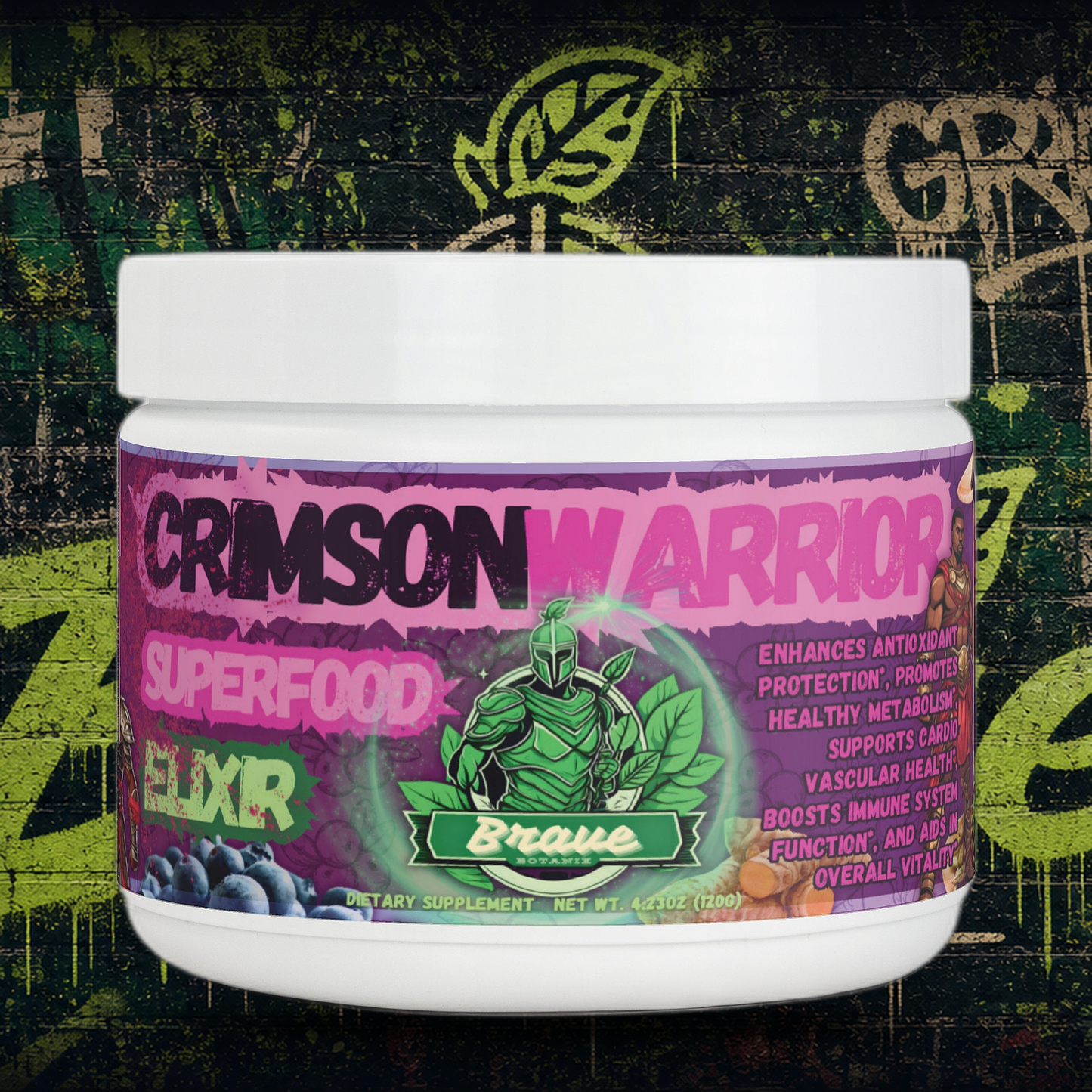 Brave Botanix Crimson Warrior Superfood Elixir on graffiti mural background
