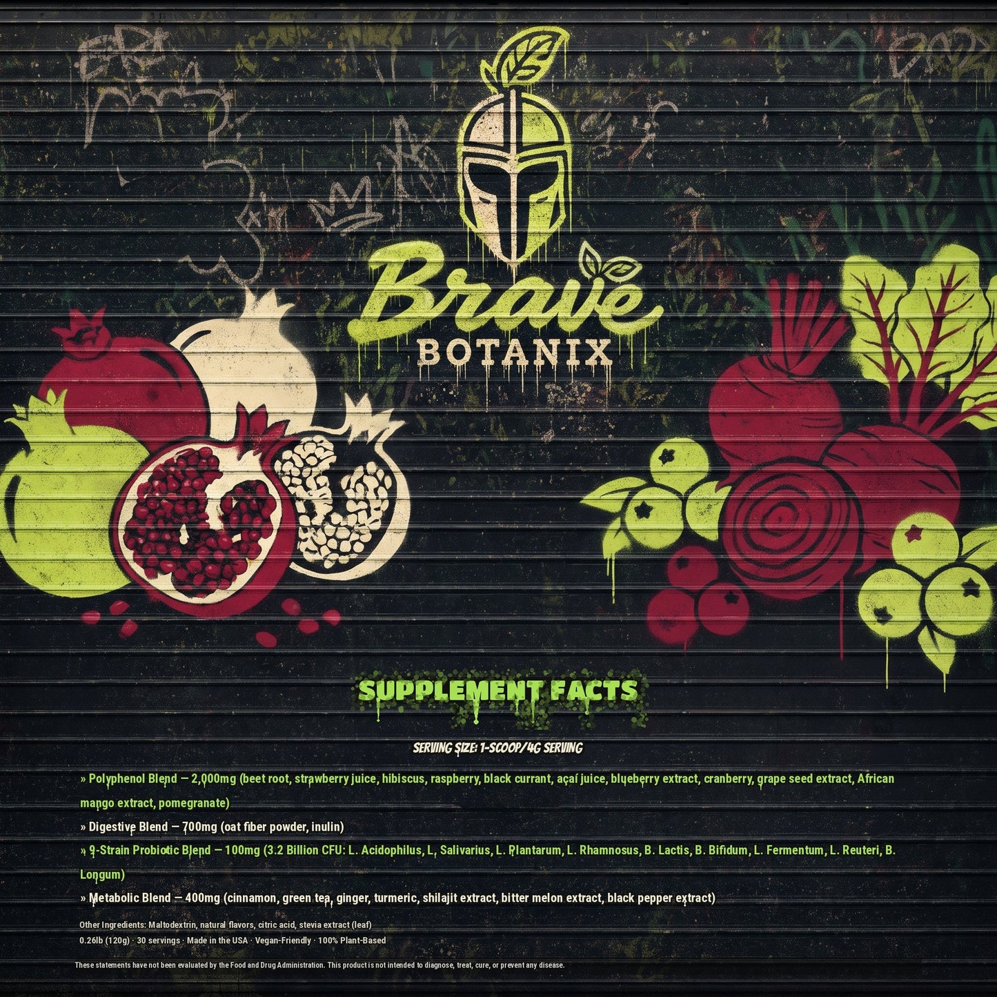Brave Botanix Crimson Warrior Superfood Elixir Supplement Facts spray paint mural