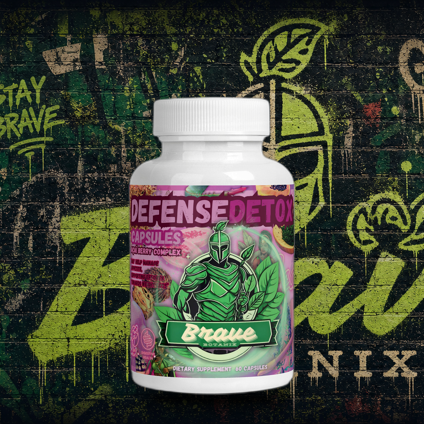 Brave Botanix Defense Detox Capsules on graffiti mural background