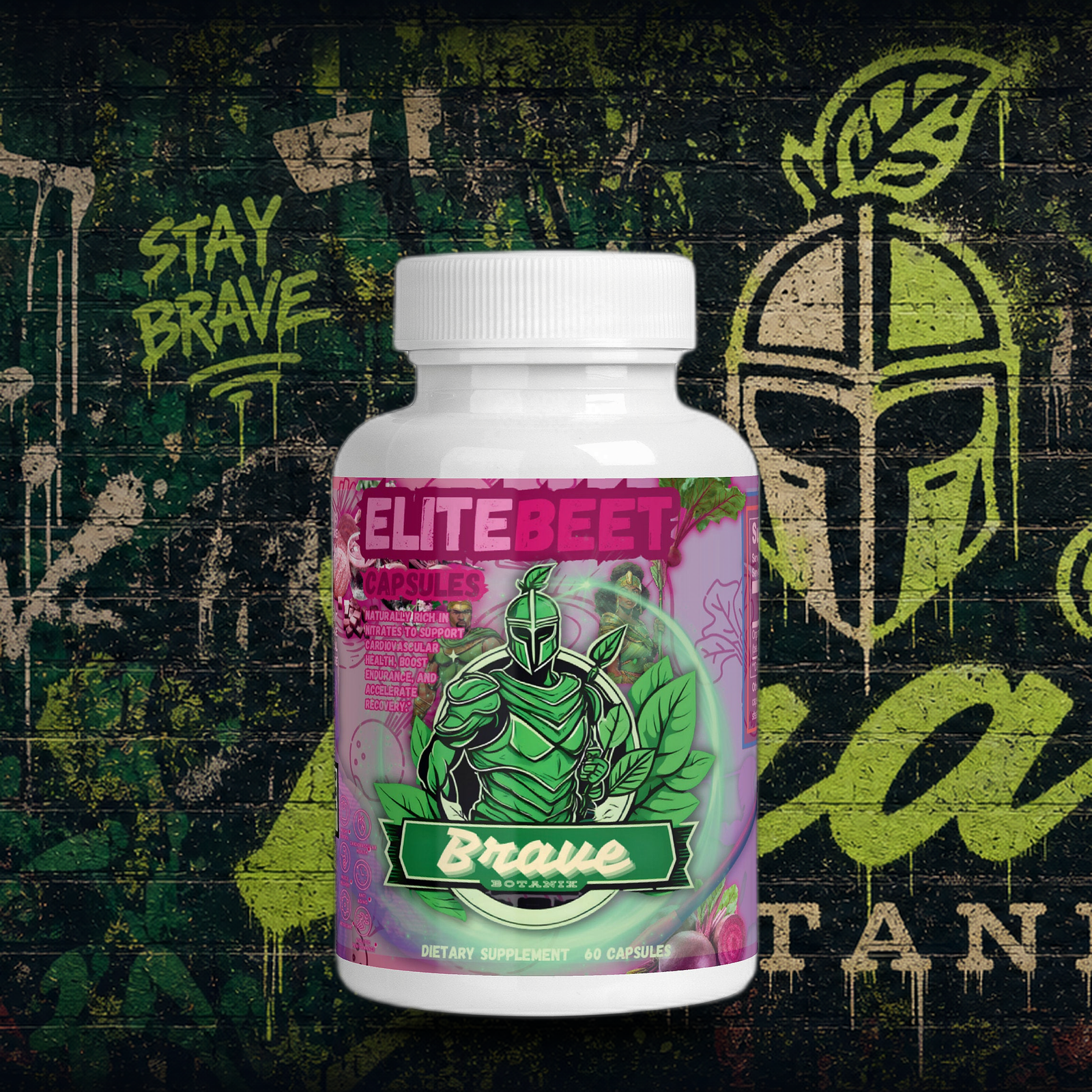 Brave Botanix Elite Beet Capsules on graffiti mural background