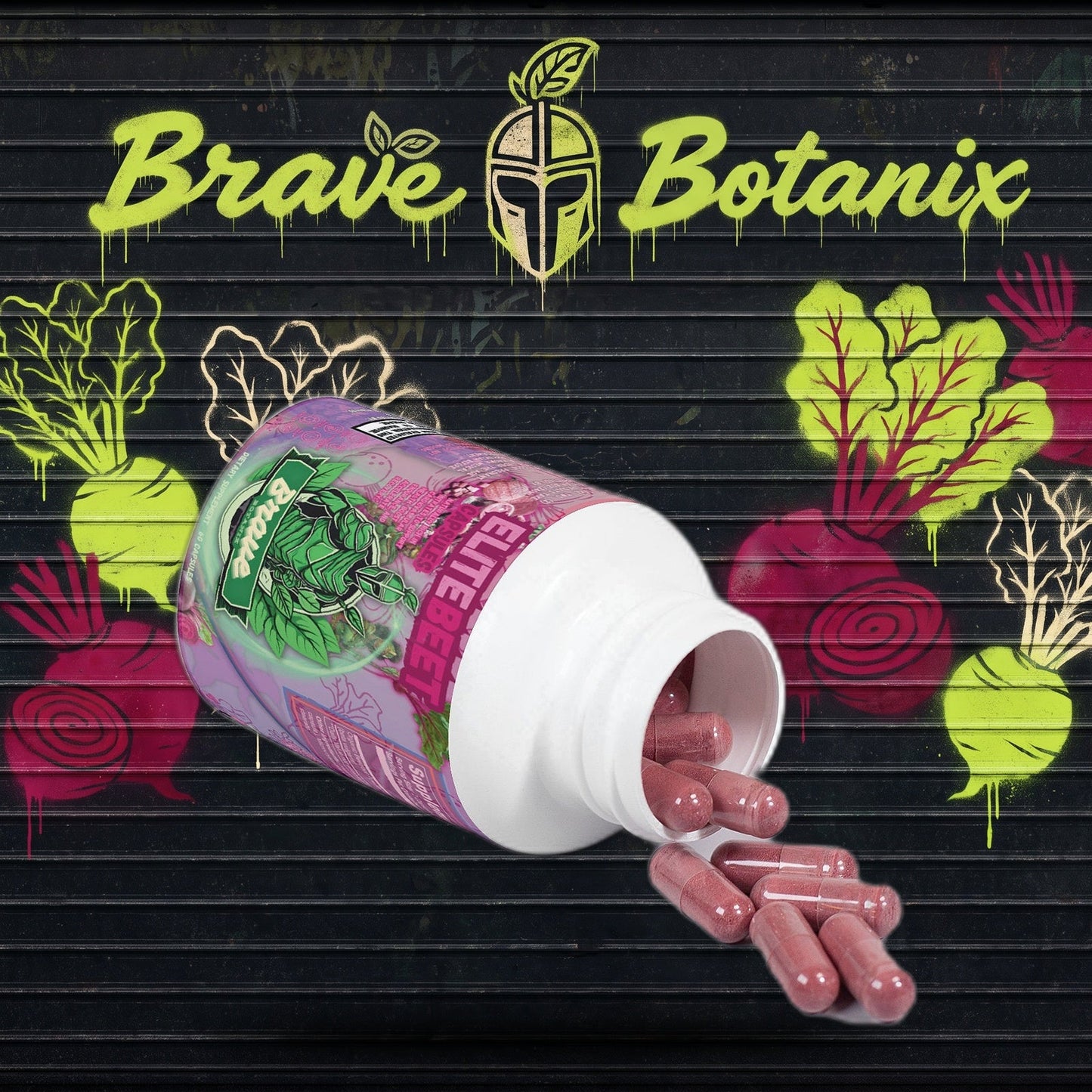 Elite Beet Capsules graffiti mural mockup