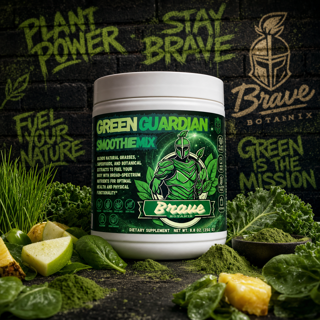 Brave Botanix Green Guardian Smoothie Mix — Greens & Adaptogens, 8.8 oz (250 g) — graffiti hero tub with kale, spinach, and matcha powder