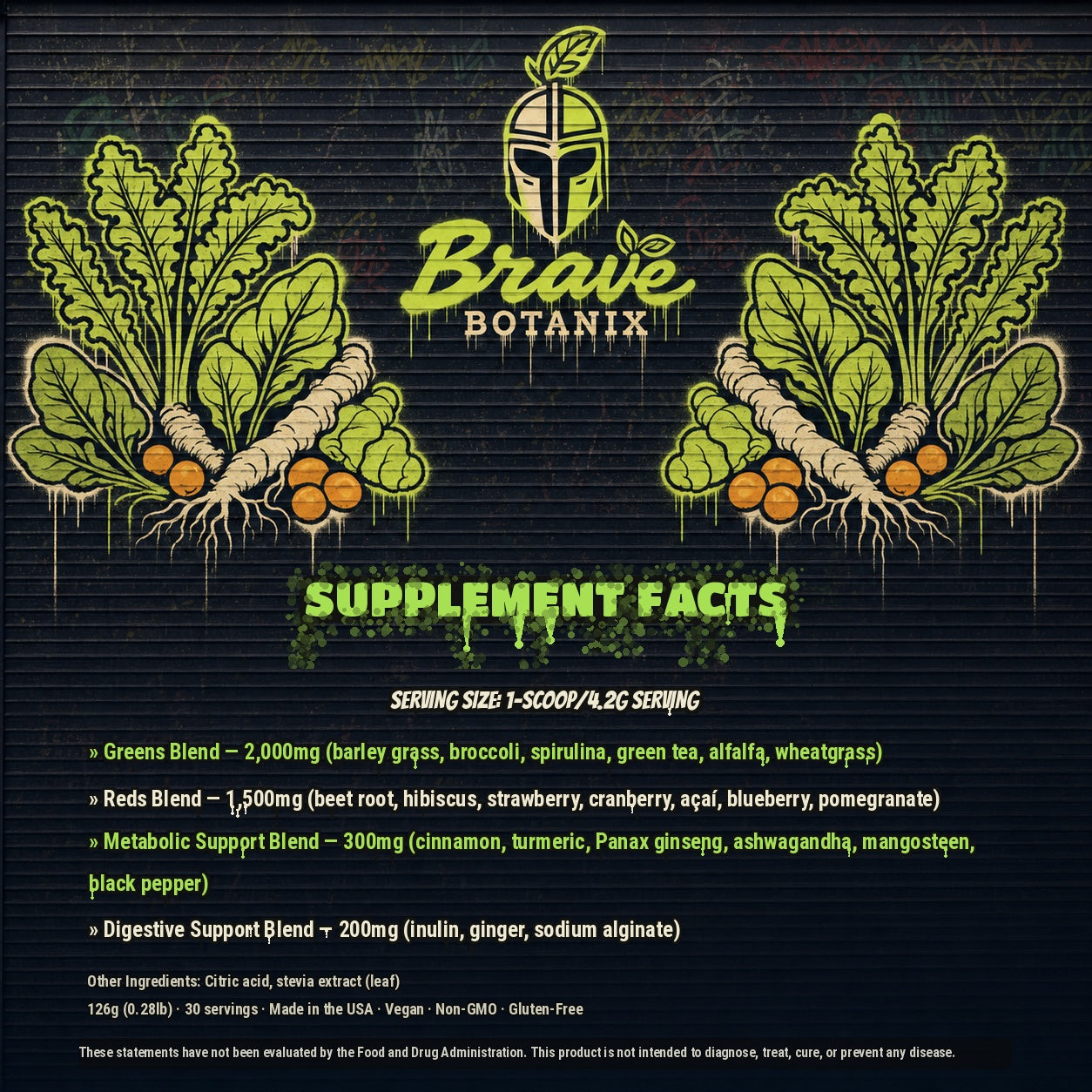 Brave Botanix Green Guardian Elixir Supplement Facts spray paint mural