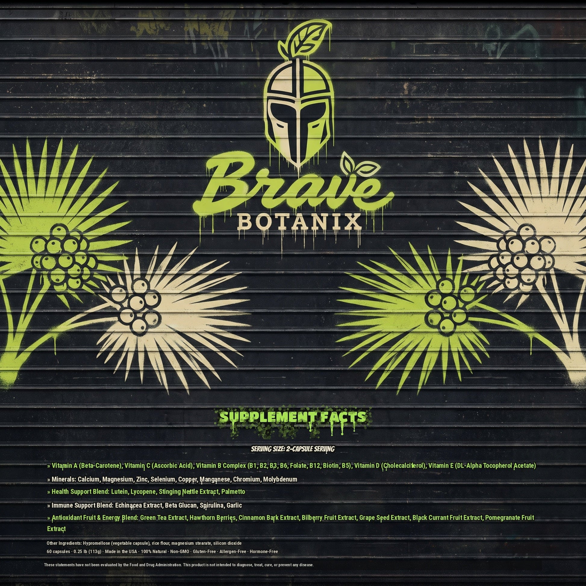 Brave Botanix Guardian's Blend Men's Vitality Supplement Facts spray paint mural