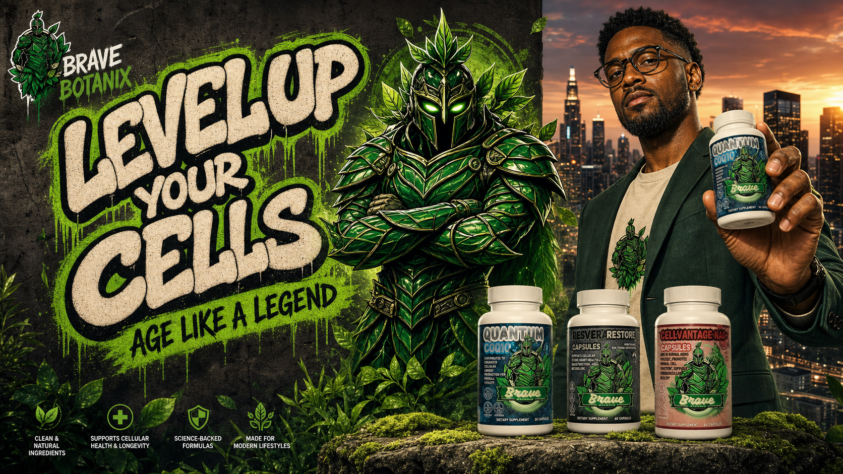 Biohacking and Anti-Aging collection banner - Level Up Your Cells, Brave Botanix mascot with tech entrepreneur and biohacking products