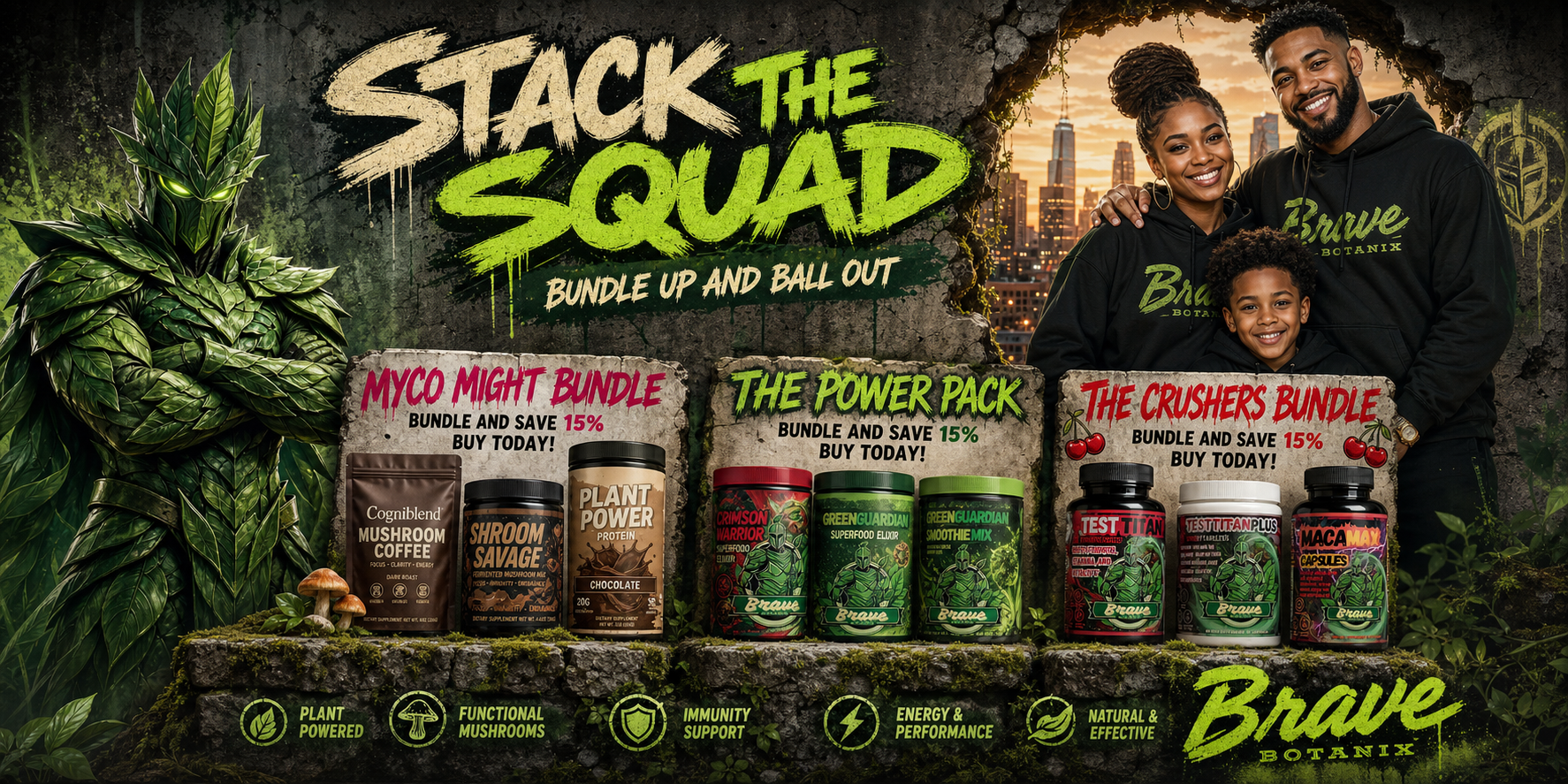 Botanix Bundles collection banner - Stack The Squad, Brave Botanix mascot with family and accurate bundle contents for Myco Might Bundle, The Power Pack, and The Crushers Bundle