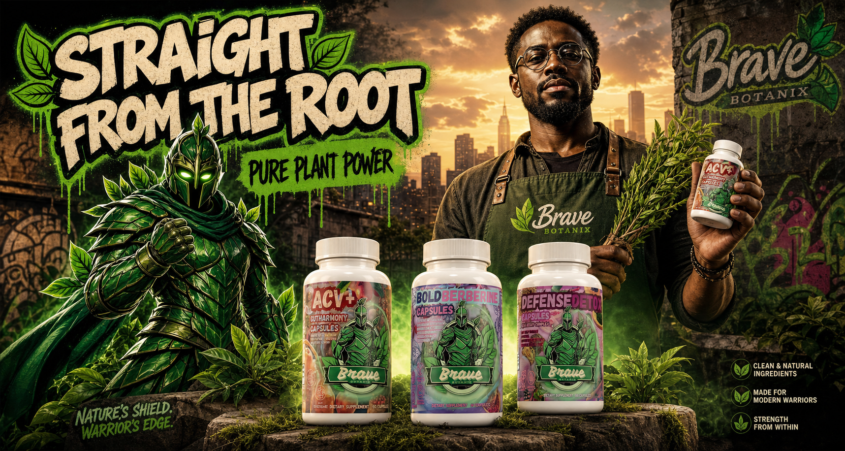 Natural Extracts collection banner - Straight From The Root, Brave Botanix mascot with herbalist and natural extract products