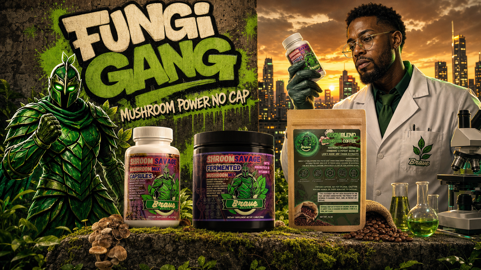 Mushroom Supplements collection banner - Fungi Gang, Brave Botanix mascot with scientist and mushroom products