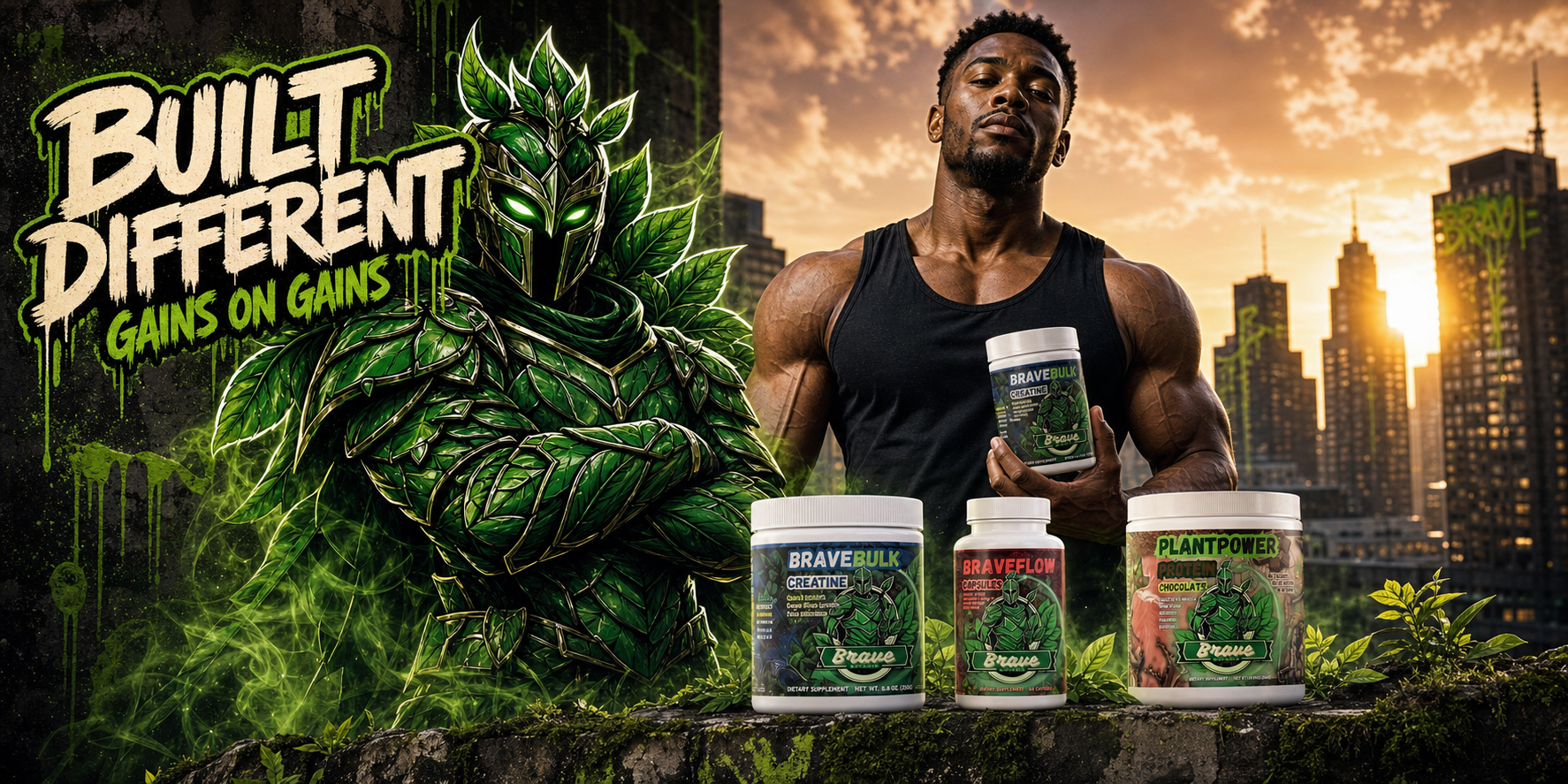 Protein, Peptides, Collagen and Amino Acids collection banner - Built Different, Brave Botanix mascot with athlete and protein products