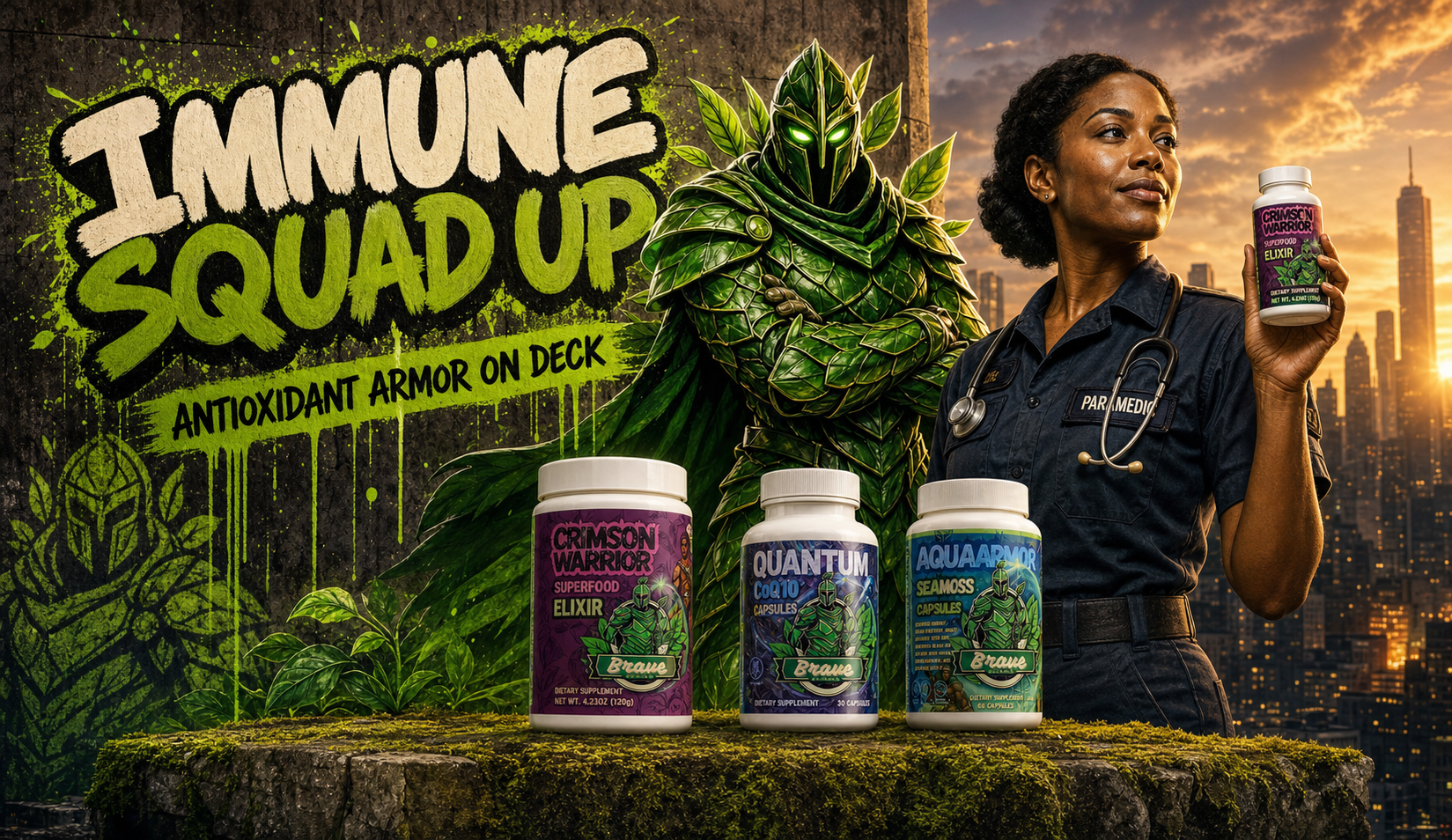 Superfoods, Antioxidants and Immune Support collection banner - Immune Squad Up, Brave Botanix mascot with paramedic and superfood products