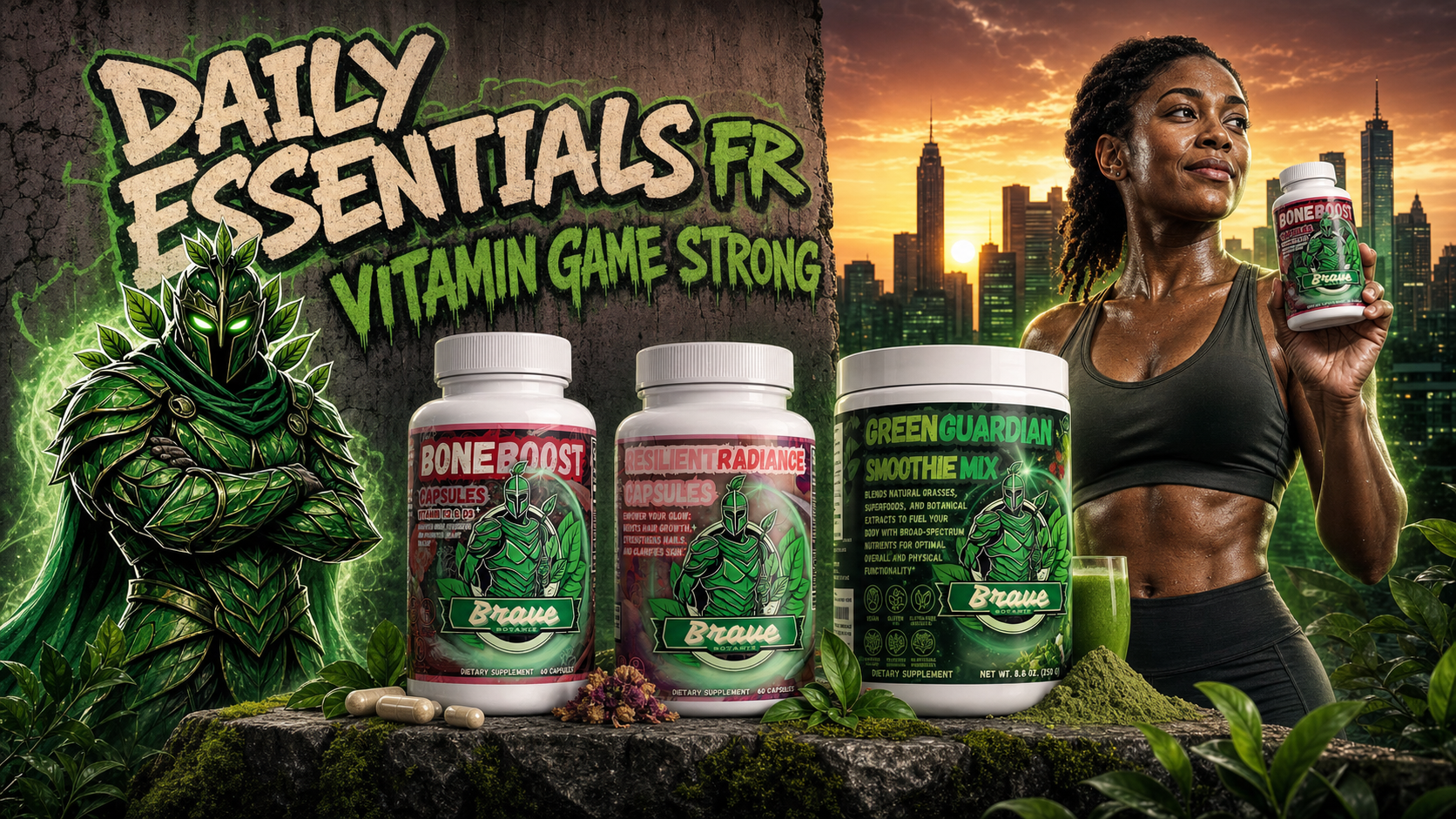 Vitamins and Minerals collection banner - Daily Essentials FR, Brave Botanix mascot with fitness coach and vitamin products