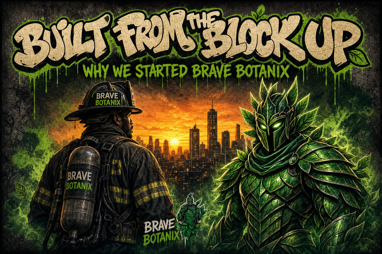Brave Botanix about page header banner with leaf-armored mascot and firefighter