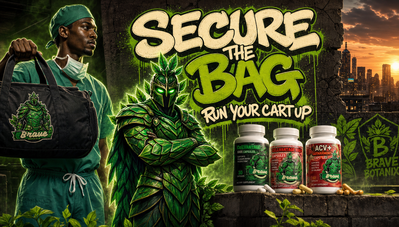 Brave Botanix cart page header banner with mascot, surgeon, and real products