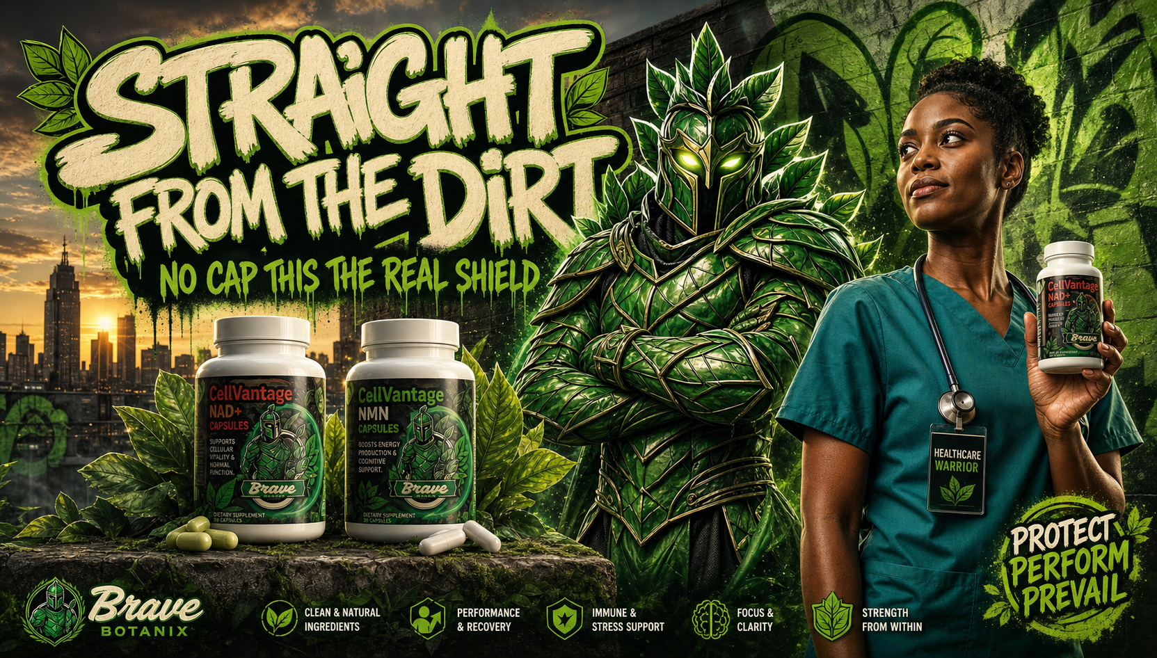 Brave Botanix product page header banner with mascot, nurse, and real products