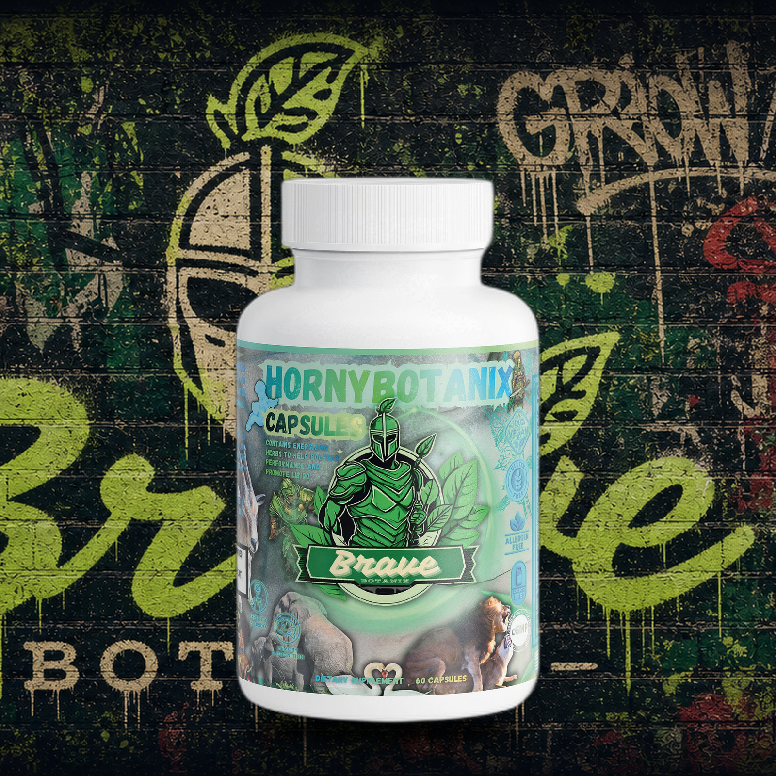 Brave Botanix Horny Botanix Capsules on graffiti mural background