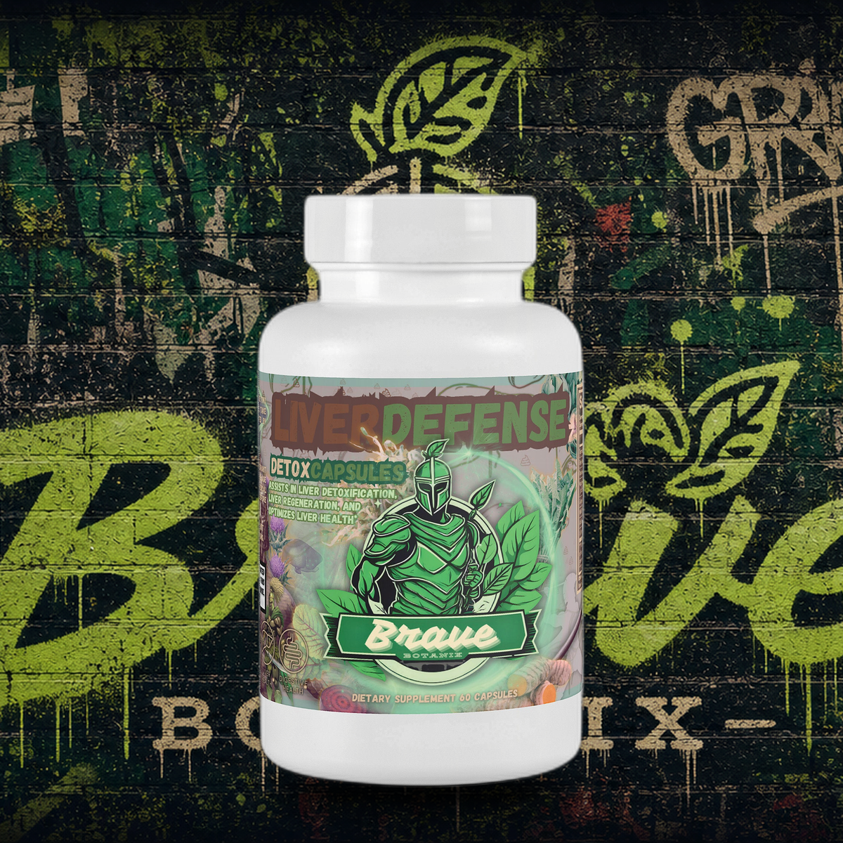 Brave Botanix Liver Defense Detox Capsules on graffiti mural background