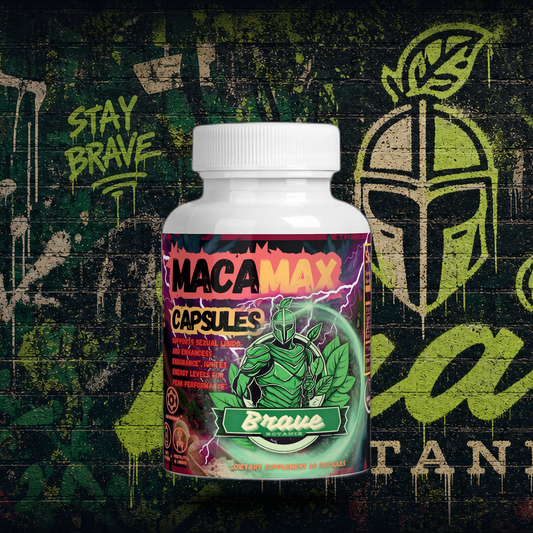 Brave Botanix Maca Max Capsules on graffiti mural background