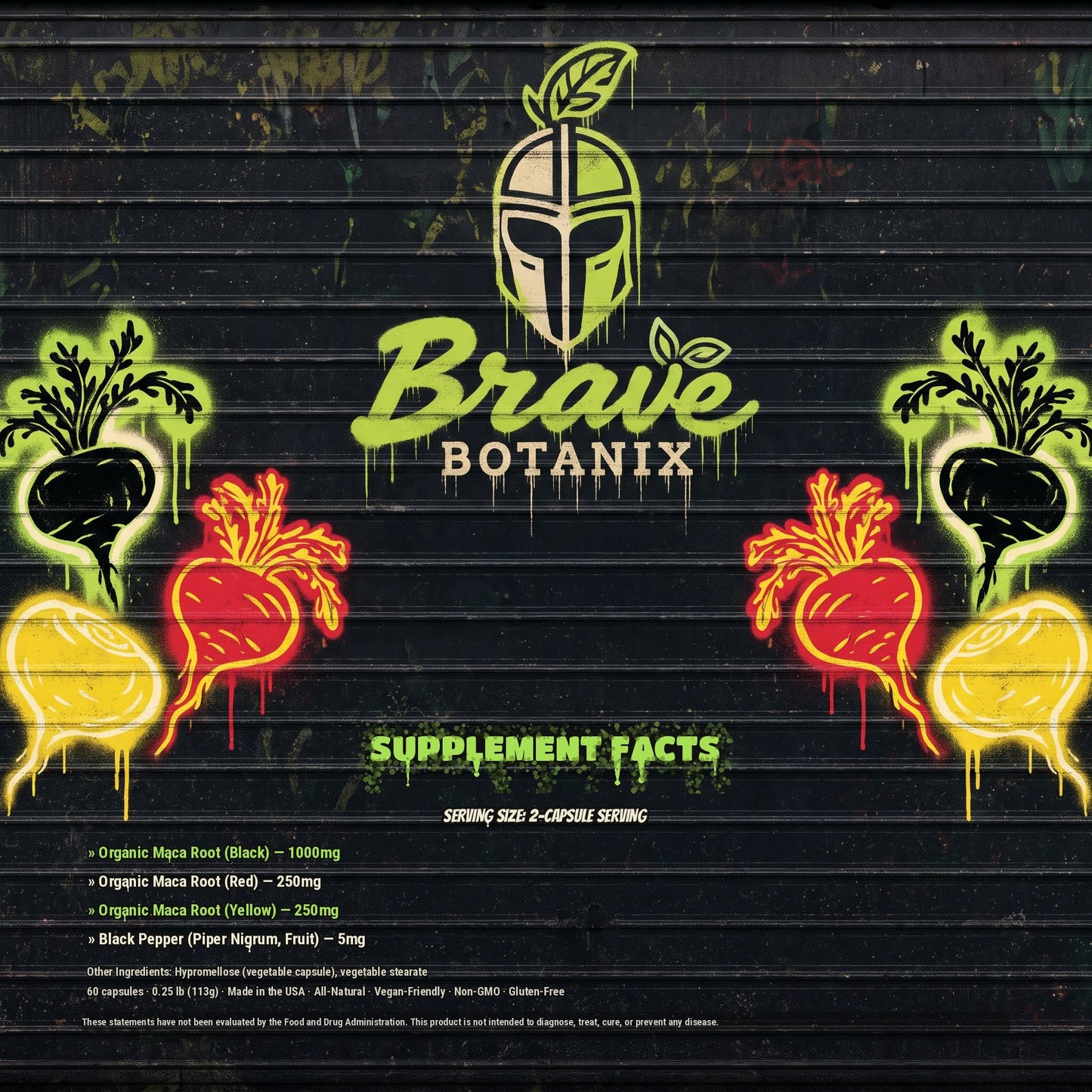 Brave Botanix Maca Max Capsules Supplement Facts spray paint mural