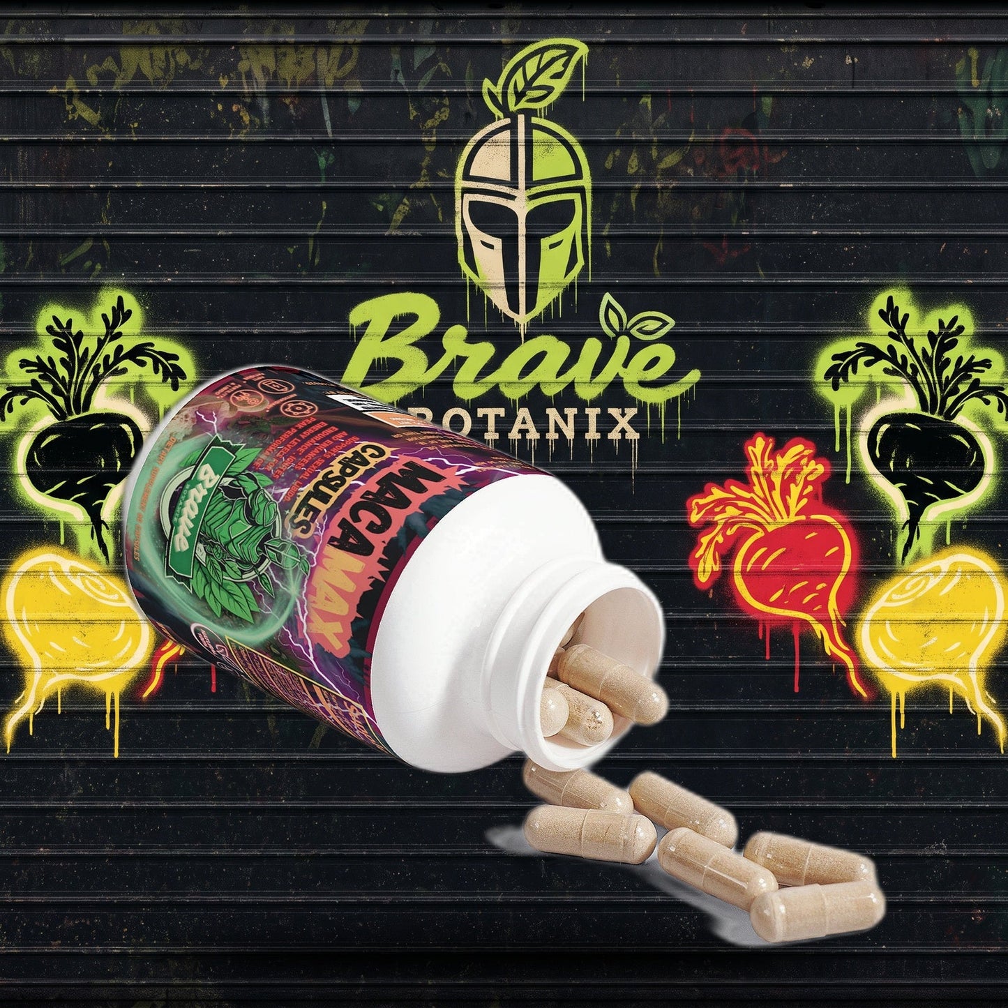 Brave Botanix Maca Max Capsules graffiti mural mockup