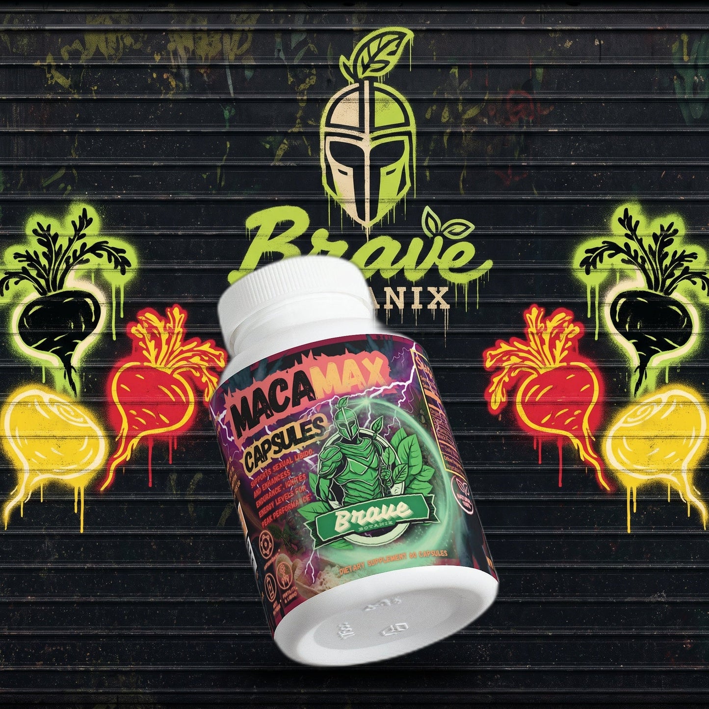 Brave Botanix Maca Max Capsules graffiti mural mockup