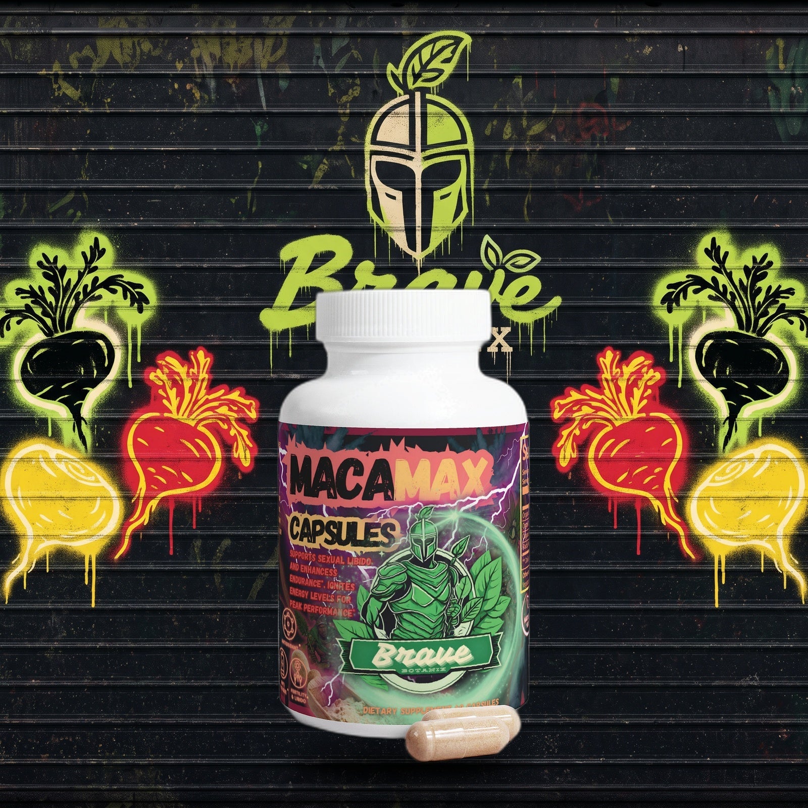 Brave Botanix Maca Max Capsules graffiti mural mockup