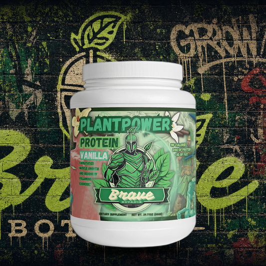 Brave Botanix Plant Power Protein Vanilla on graffiti mural background