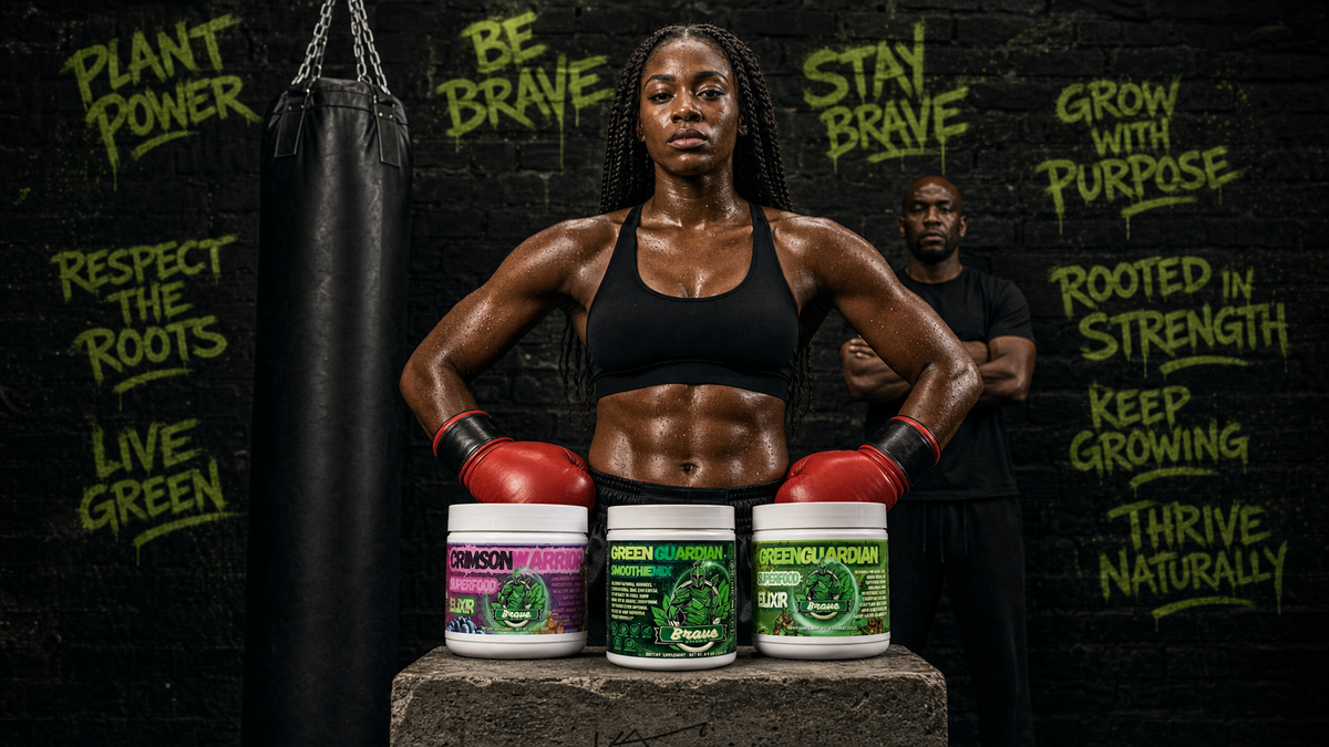 The Power Pack — Modern Warrior series — Black female boxer in gym with all three Power Pack tubs on pedestal, graffiti brick wall