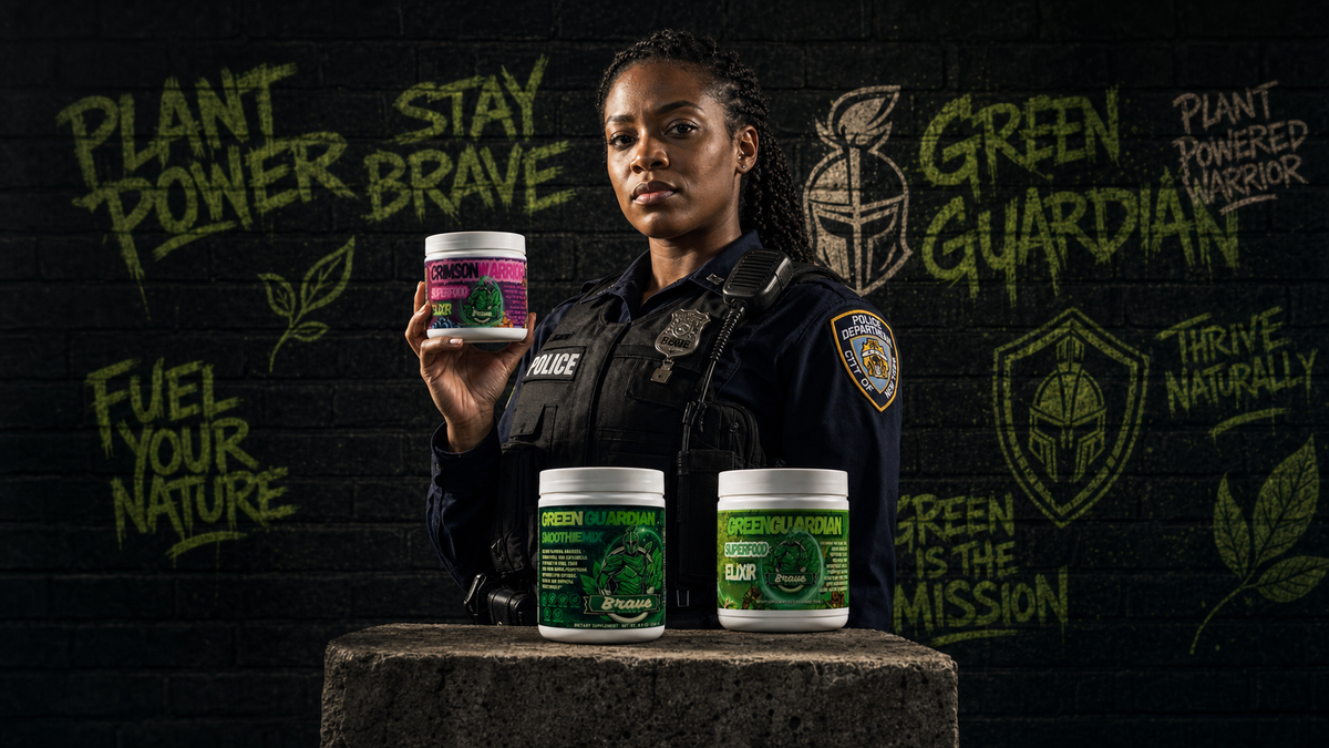 The Power Pack — Modern Warrior series — Black female NYPD officer holding Crimson Warrior Superfood Elixir with Green Guardian Elixir and Smoothie Mix on pedestal, graffiti brick wall