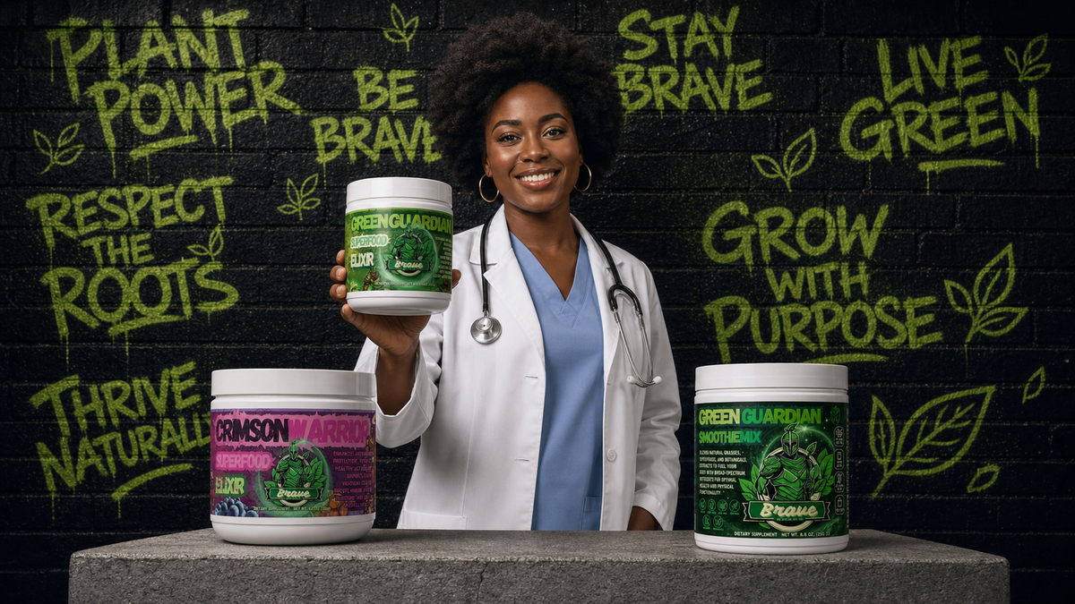 The Power Pack — Modern Warrior series — Black female physician in white coat holding Green Guardian Superfood Elixir with Crimson Warrior and Smoothie Mix on pedestal, graffiti brick wall