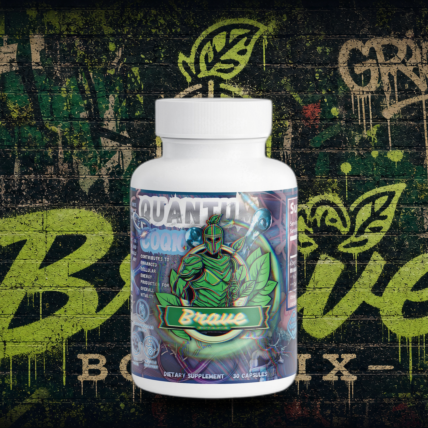 Brave Botanix Quantum CoQ10 Capsules on graffiti mural background
