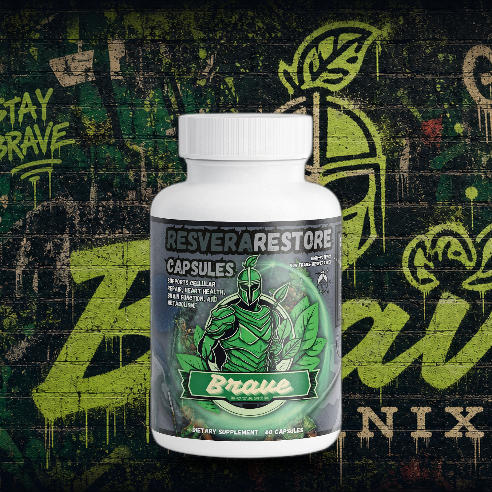 Brave Botanix Resvera Restore Capsules on graffiti mural background