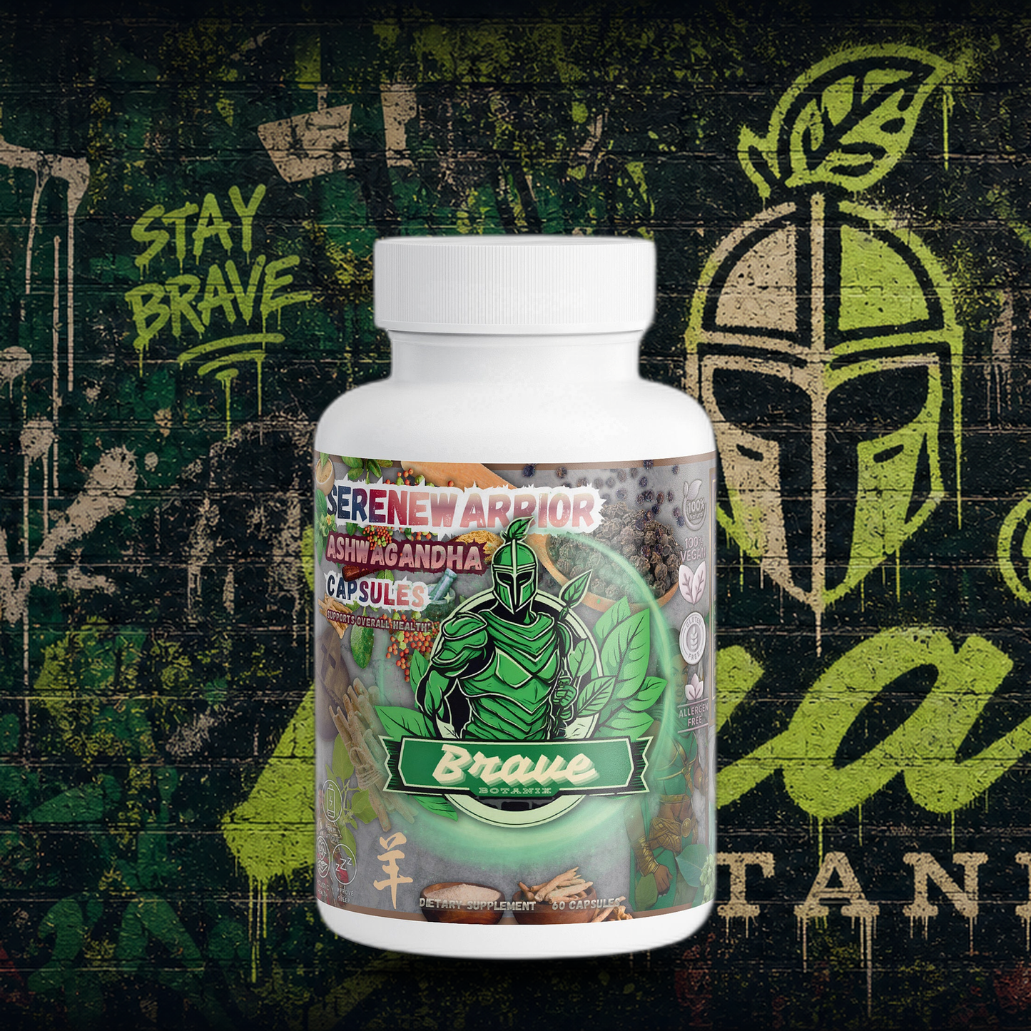 Brave Botanix SereneWarrior Ashwagandha Capsules on graffiti mural background