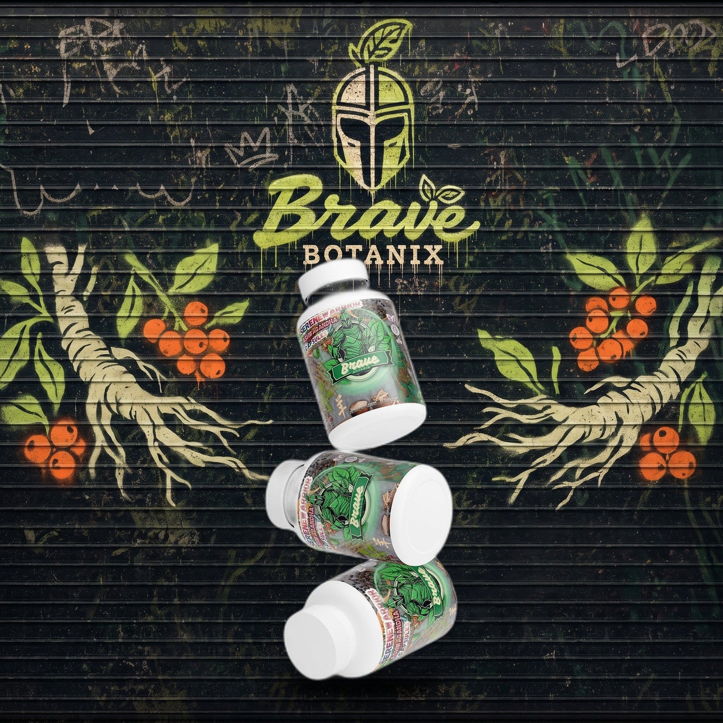 SereneWarrior Ashwagandha Capsules graffiti mural mockup