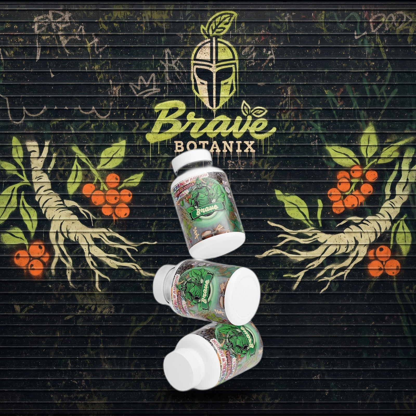 SereneWarrior Ashwagandha Capsules graffiti mural mockup