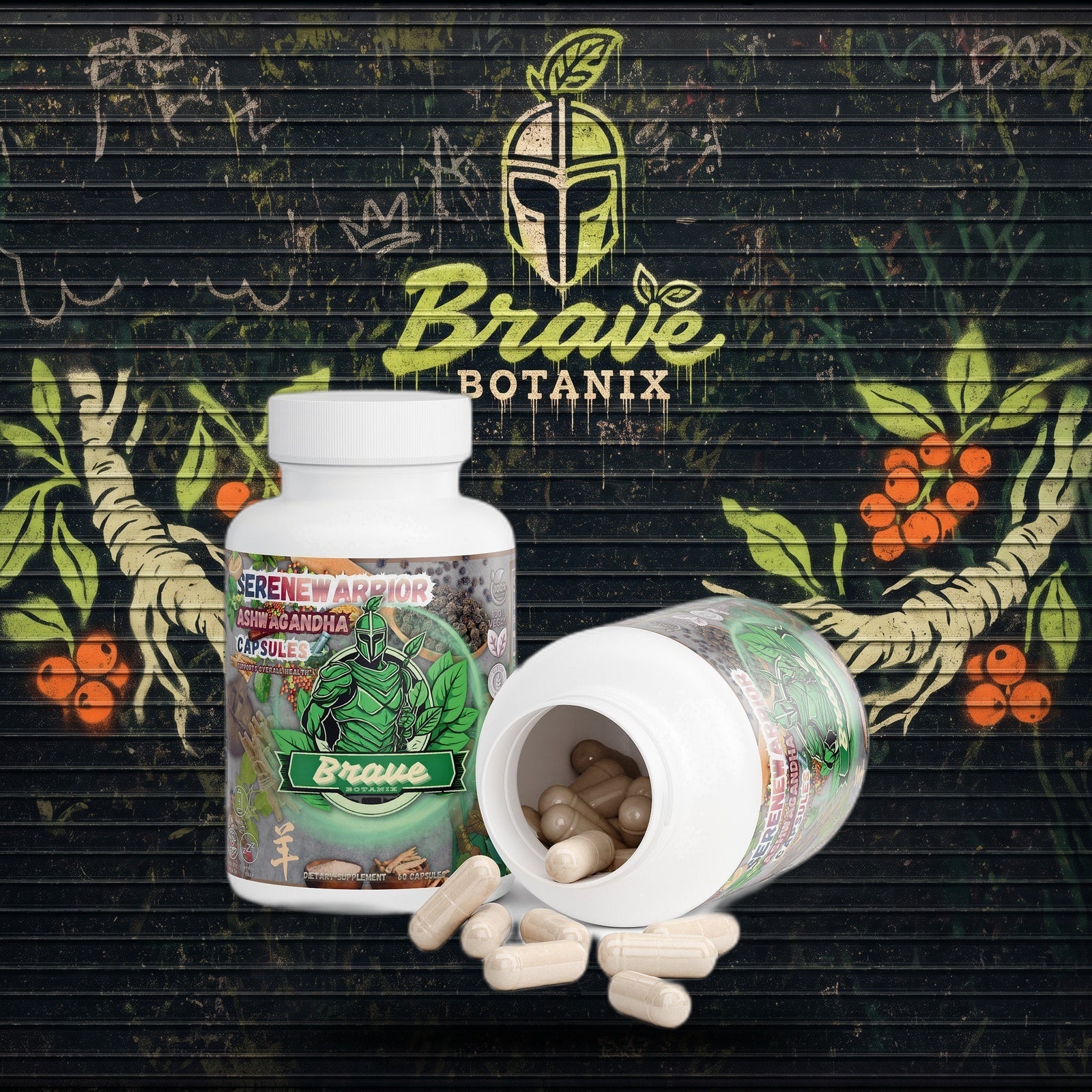 SereneWarrior Ashwagandha Capsules graffiti mural mockup