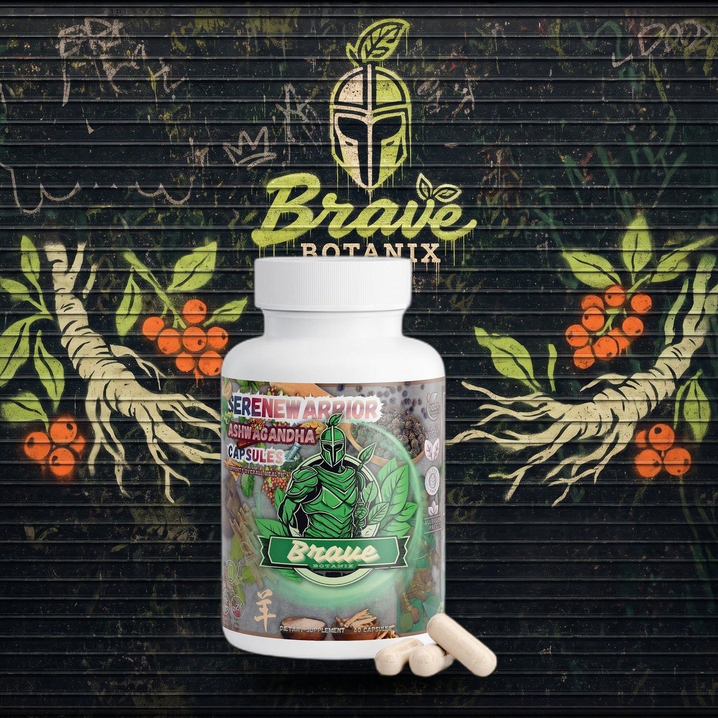 SereneWarrior Ashwagandha Capsules graffiti mural mockup