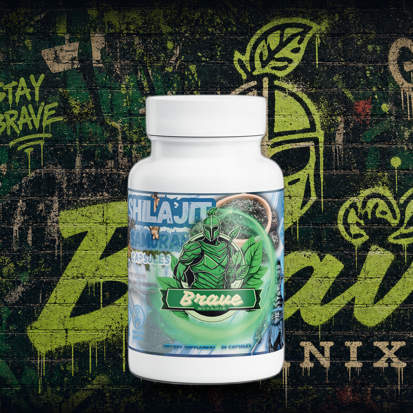 Brave Botanix Shilajit Samurai Capsules on graffiti mural background